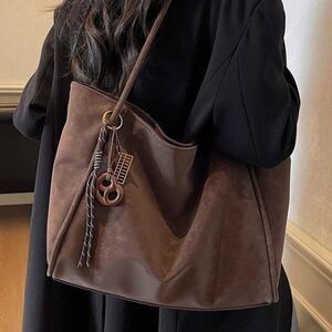 Classic Brown Faux Suede Leather Tote Bag - Elegant Everyday Shoulder Bag